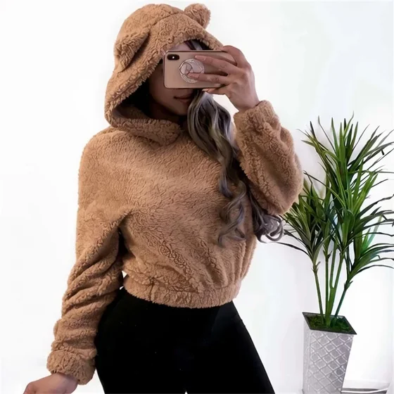 Winter Bear Ears Cute Loose Hoodie Fluffy Hooded Warm Sweatshirt Long Sleeve Top Solid Pullover Clothes