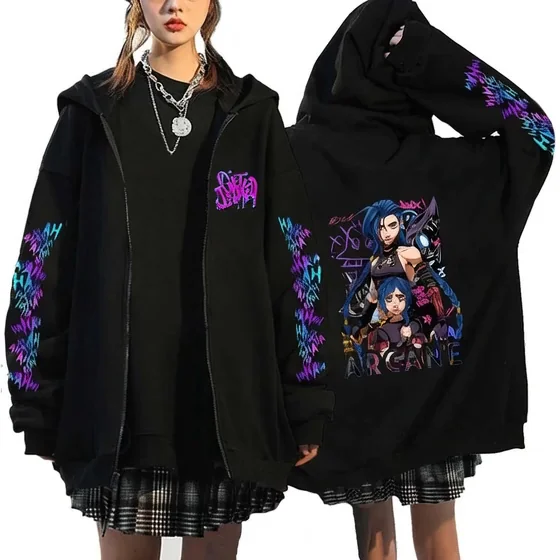 Arcane Jinx Monkey Graffiti Printed Hoodies Zipper Jacket Men Women Harajuku Anime Oversized Hip Hop Casual Sweatshirt Y2K Top