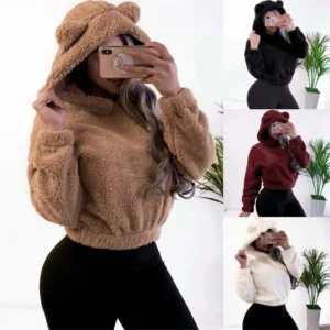 Winter Bear Ears Cute Loose Hoodie Fluffy Hooded Warm Sweatshirt Long Sleeve Top Solid Pullover Clothes