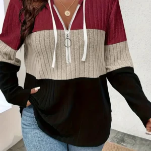 Plus Size Women's Hooded Fashion Knit Ribbed Cardigan Sweatshirt